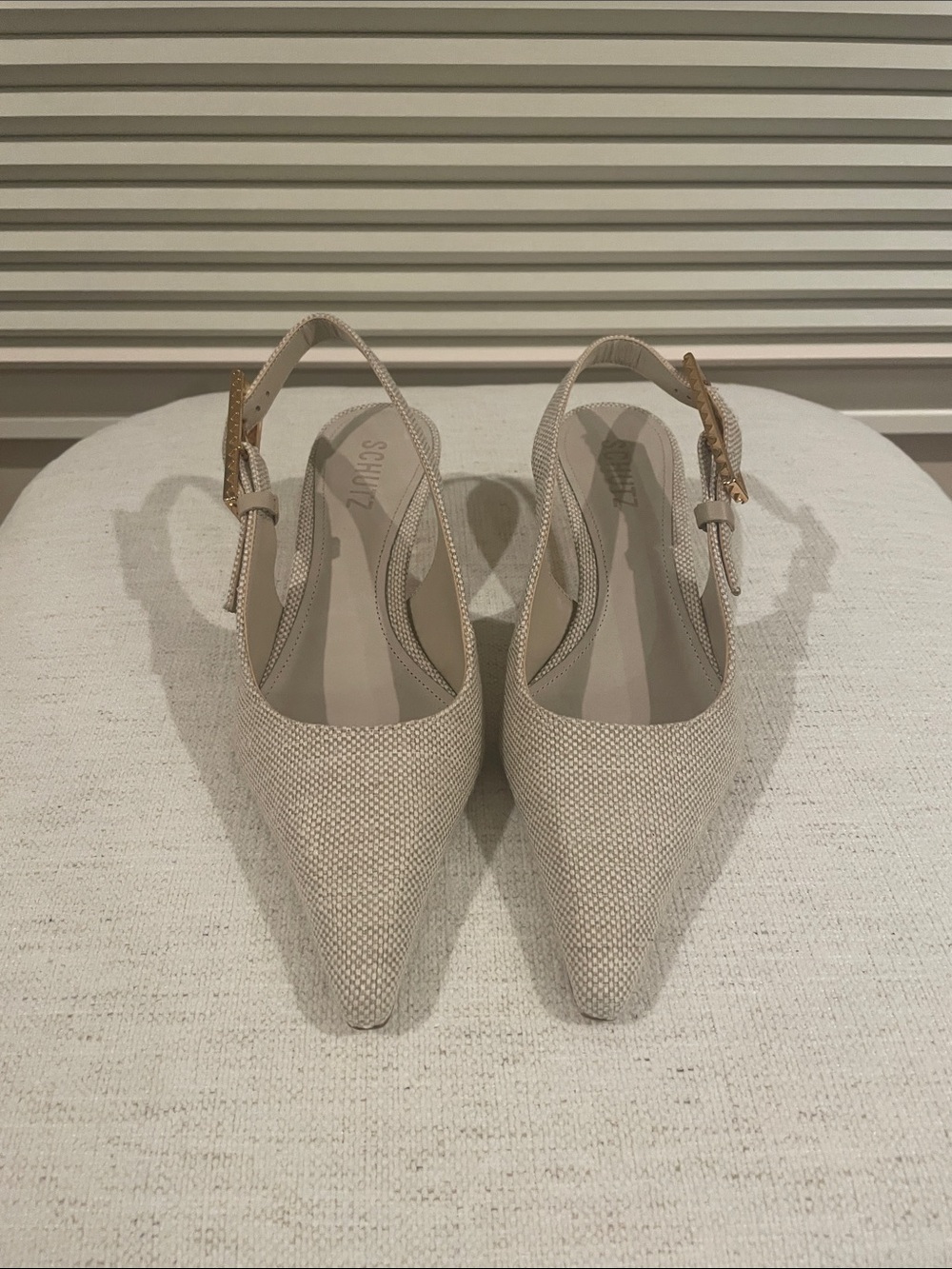 SCHUTZ Ciara Pump Mid Neutral Beige Textured Pointed Slingback Heels